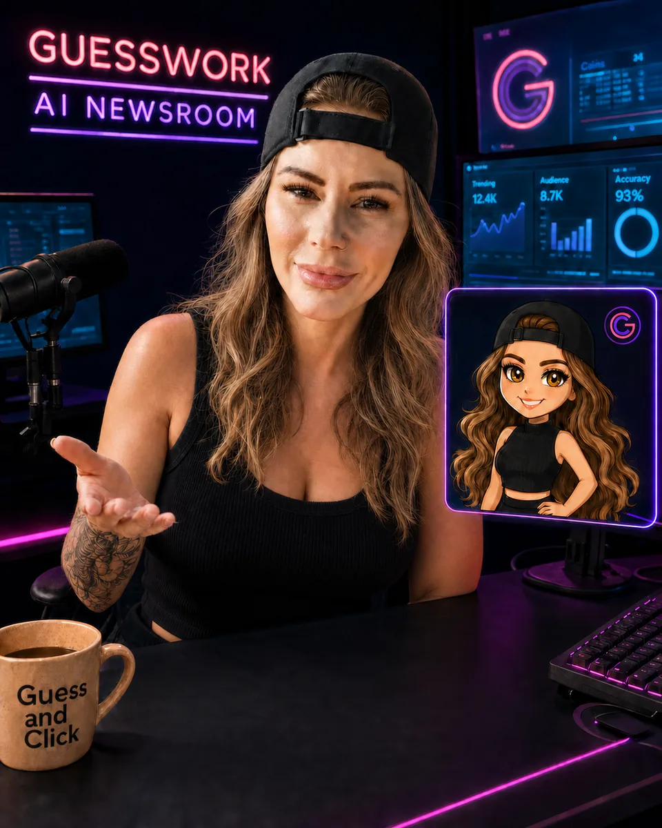 Chelsie at her desk in the neon-lit Guesswork studio, backward cap and a Guess and Click mug, with the Kabells illustration on the monitor beside her