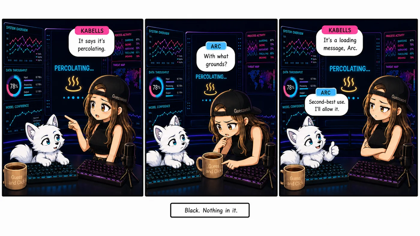 Three panels. Kabells points at a screen reading PERCOLATING with a steam icon. Arc peers into a Guess and Click mug on the desk. In the third panel Arc gives a small approving gesture while Kabells folds her arms.