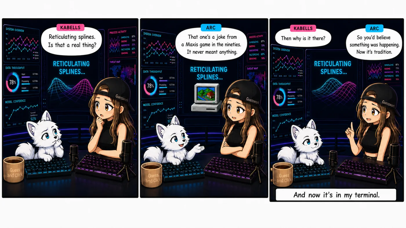Three panels in the neon studio. Kabells, in a backward cap, looks doubtfully at a screen reading RETICULATING SPLINES while Arc the arctic fox sits beside her. In the second panel a small nineties computer appears showing a city-building game. In the third Kabells raises a finger, unimpressed.