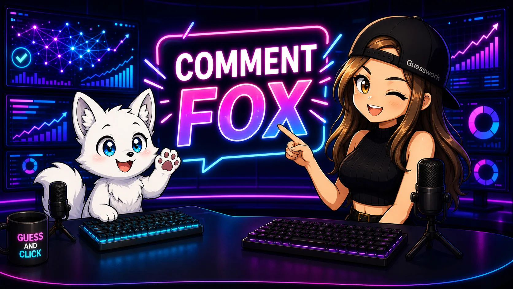 Guesswork — Kabells, your host at the AI news desk, pointing at a glowing "COMMENT FOX" sign while her arctic-fox sidekick Arc waves a paw
