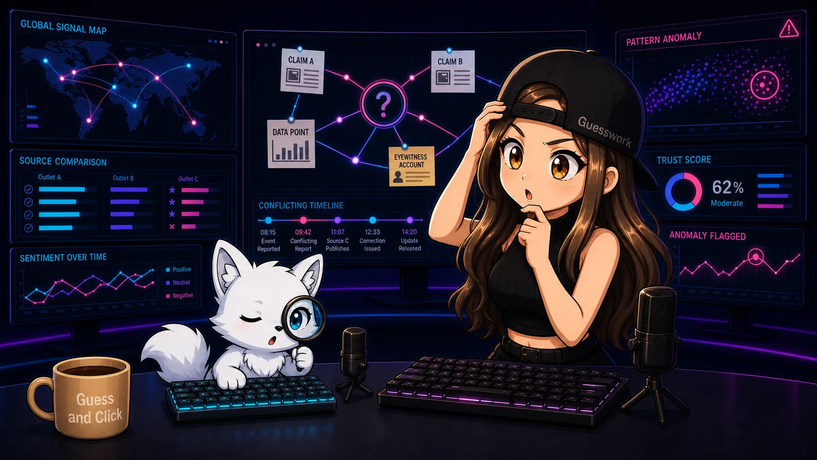 Kabells and Arc the arctic fox at the neon Guess & Click desk, puzzling over a tangle of conflicting claims while Arc inspects one through a magnifying glass
